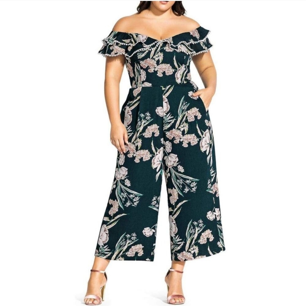 City Chic Floral Wide Leg Jumpsuit 14 Cropped Off Shoulder Fresh Field Green